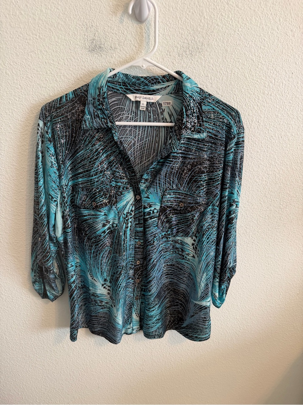 NYDJ Teal & Black Printed Button-Down Shirt